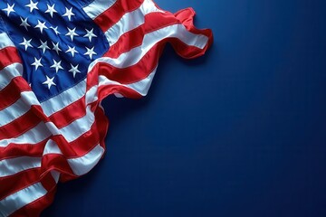 majestic american flag waving against deep navy sky with dramatic lighting and copy space for patriotic message fourth of july celebration design