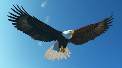 Fototapeta premium Bald eagle spreading powerful wings, gliding high above cloudless sky, symbolizing wild american wilderness and untamed natural strength