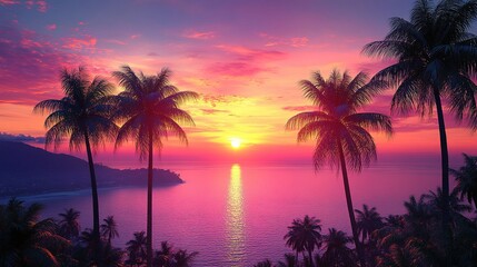 Obraz premium A vibrant sunset over a tropical beach, framed by palm trees and reflecting on the water.