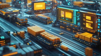 Futuristic automated cargo transportation system with digital interfaces and numerous containers.