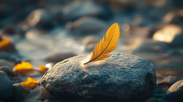 A single bird feather rests delicately on cracked stone, representing fragility amidst strength with blurred empty space on the side evoking a sense of chaos and contrast


