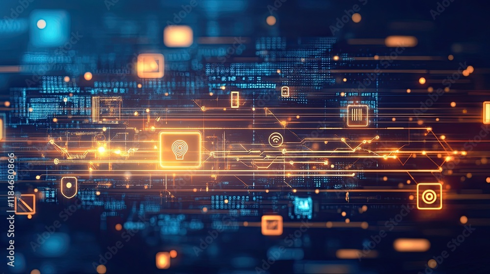 Poster futuristic cybersecurity interface, vibrant symbols of security, glowing connections, dynamic data s