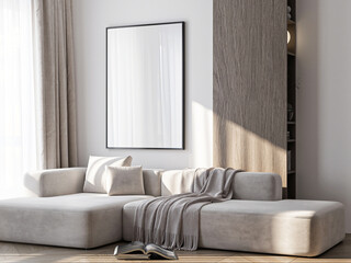 Frame mockup, ISO A paper size. Living room wall poster mockup. Interior mockup with house background. Modern interior design. 3D render
