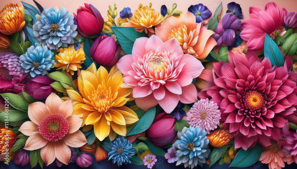 Wall mural vibrant floral patterns with blooms and buds adding texture to a bright background design