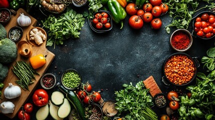 Modern kitchen with a variety of fresh vegetables and ingredients on the counter, vibrant and clean 