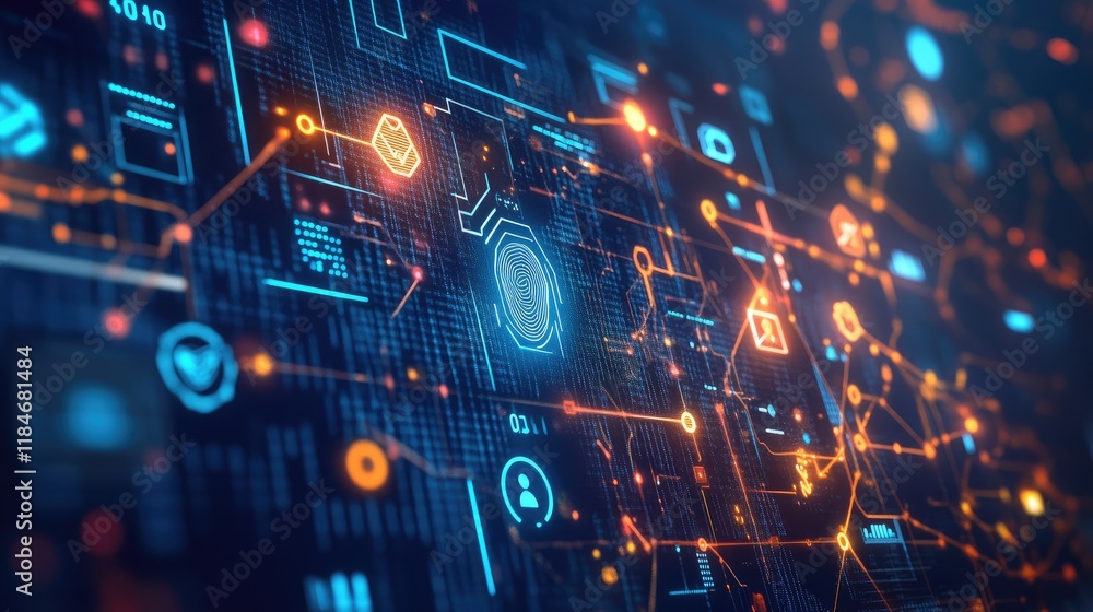 Aufkleber futuristic cybersecurity interface displaying connected symbols, glowing lines, data streams, and en