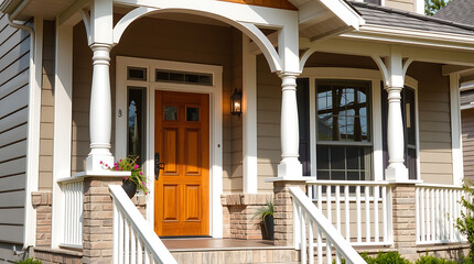 House Exterior with Porch, Wooden Door, and White Columns