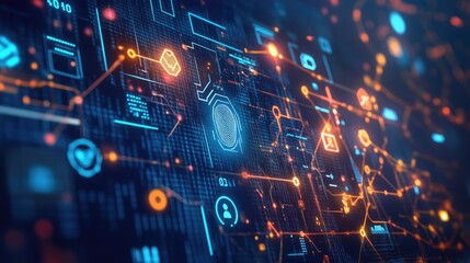 Futuristic cybersecurity interface displaying connected symbols, glowing lines, data streams, and encryption elements representing a secure digital network