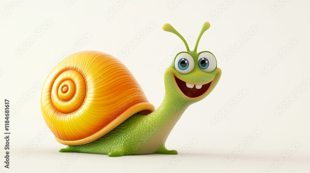 Poster 3d illustration of a funny smiling snail with an orange shell crawling on a white background
