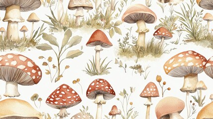 Watercolor autumn mushroom and foliage pattern