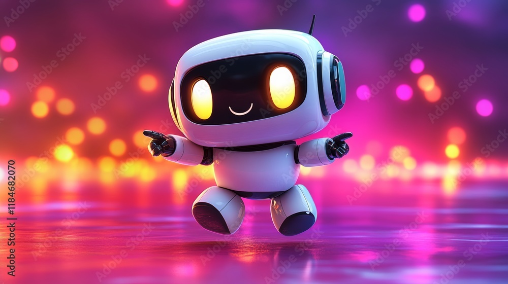 Poster cute white robot jumping and pointing with glowing eyes in a colorful bokeh background