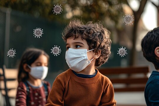 Children Playing Outdoors During Pandemic, Balancing Fun and Safety Amidst Surreal Virus Representations in Their World - Powered by Adobe