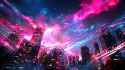 Fototapeta premium Futuristic cityscape illuminated by neon lights, towering skyscrapers connected by glowing 5G networks and vibrant data streams in the night sky