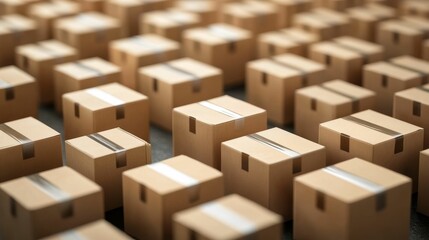 Fototapeta premium Many cardboard boxes, neatly arranged, warehouse scene.
