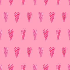Pink hearts background. Seamless watercolor pink pattern with hand drawn illustration of cute pink hearts with stripes for valentines day wrapping paper, wallpaper, holidays fabric texture