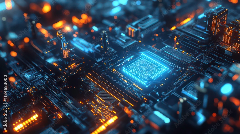 Poster Abstract digital circuit board with glowing CPU.