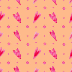 Pink hearts background. Seamless watercolor orange pattern with hand drawn illustration of cute pink hearts for valentines day wrapping, wallpaper, textile, scrapbooking