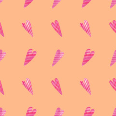 Pink hearts background. Seamless watercolor orange pattern with hand drawn illustration of cute pink hearts with stripes for valentines day wrapping, wallpaperі, holidays decorations texture