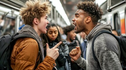 Two passengers arguing loudly on a train, with others avoiding eye contact and looking uncomfortable