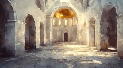 Fototapeta premium Orthodox church with majestic domes under a serene sky, evoking spiritual tranquility and timeless beauty, artistic book illustration style