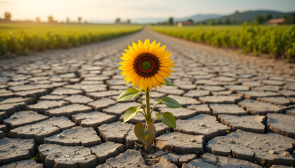 A single sunflower blooming defiantly in the middle of a cracked, arid field, he resilience and fragility of life amidst climate change.