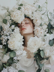 Naklejka premium Delicate oil painting of a serene woman surrounded by white lilies and lush greenery. The composition exudes elegance, natural beauty, and a sense of tranquility.