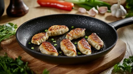 Fototapeta premium An artistic shot of gyoza being pan-fried in a skillet, with the crispy bottoms sizzling, surrounded by fresh ingredients like garlic and scallions for a vibrant presentation.