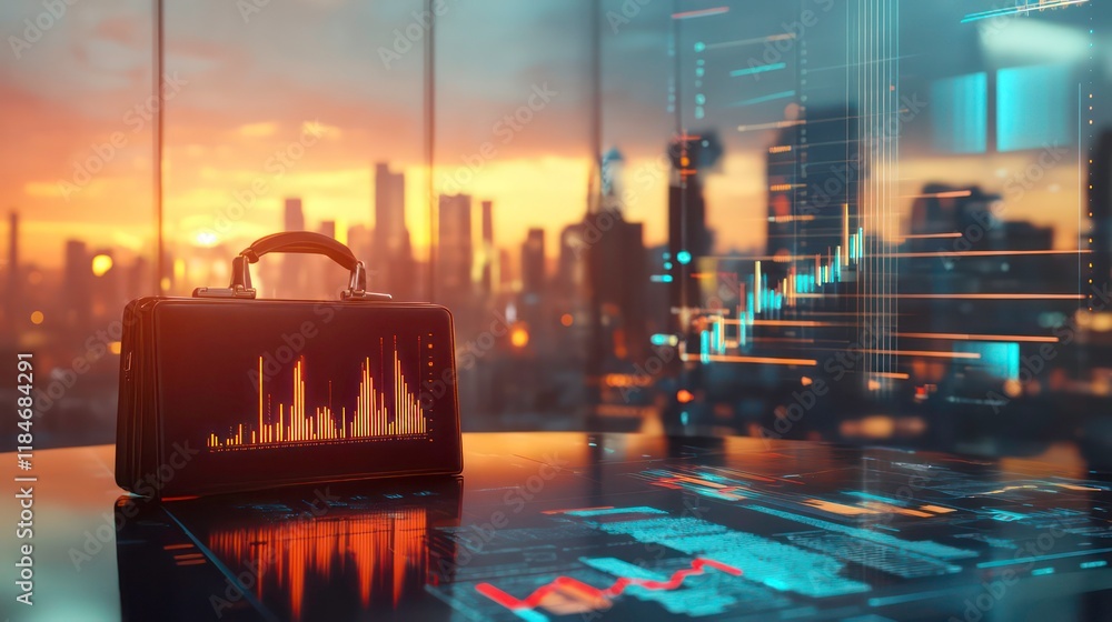 Poster a briefcase displaying financial charts sits on a desk overlooking a city skyline at sunset.