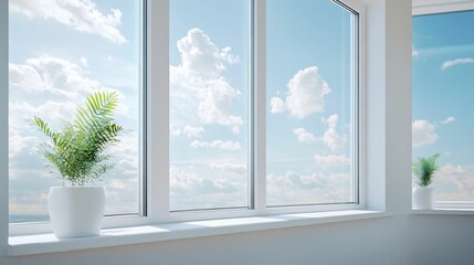 White windowsill, plants, bright sky view.