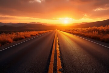 Fototapeta premium a long road with the sun setting behind it