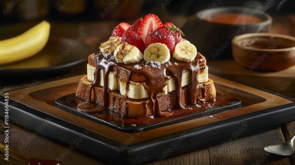 Poster An artistic shot of honey toast with a thick layer of Nutella, topped with sliced strawberries and bananas, drizzled with honey for a chocolatey delight.