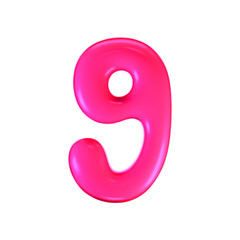 3d pink plastic bubble number 9 in y2k style isolated on a white background. Render of 3d cartoon balloon liquid figure with neon plastic effect, trendy 90s style. 3d vector modern typography numeral