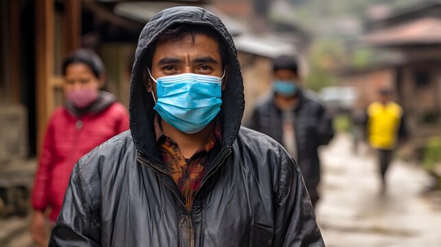 A young man wearing a blue face mask stands in focus on a village street while others walk in the blurred background in an atmospheric rural setting