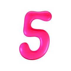 3d pink plastic bubble number 5 in y2k style isolated on a white background. Render of 3d cartoon balloon liquid figure with neon plastic effect, trendy 90s style. 3d vector modern typography numeral