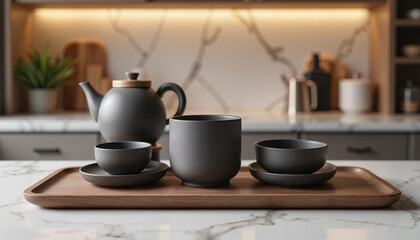 Obraz premium Minimalist black Chinese tea set on marble countertop, evening elegance