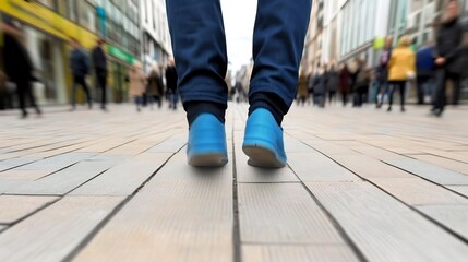 Obraz premium Vibrant Blue Shoes Stepping Lightly Through a Busy City Street: Ground-Level Photo. AI Generated