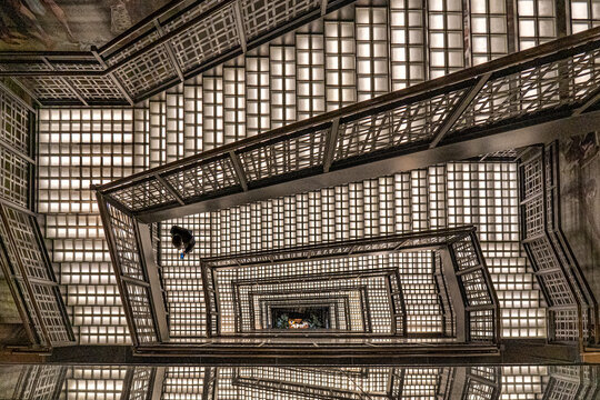 View of beautiful lighted staircase with mesmerizing reflections and kaleidoscope patterns, Ginza, Tokyo Metropolis, Japan.