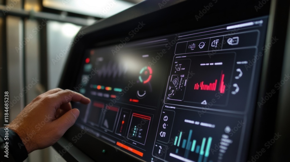 Poster close up of a supervisor's hand interacting with a touchscreen interface, showcasing real time data 