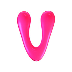 3d pink plastic bubble letter V in y2k style isolated on a white background. Render of 3d cartoon balloon liquid alphabet with neon plastic effect in 90s style. 3d vector modern typography font