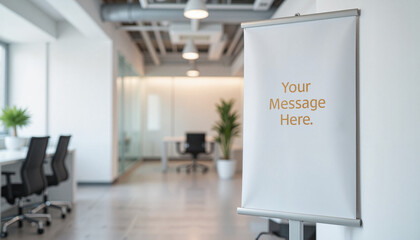 Sleek pop-up banner in modern office hallway, professional branding