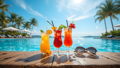 A luxurious poolside in summer, with crystal-clear water under the sun. A stylish wooden table holds colorful cocktails with fresh garnishes, sunglasses, and a tropical flower leisure and indulgence