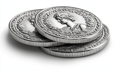 Three silver coins featuring an intricate design and a classical figure.