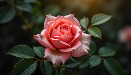 Elegant pink rose bloom with green leaves, beauty in nature