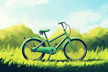 A green bicycle is standing on the grass, in a cartoon style