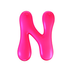 3d pink plastic bubble letter N in y2k style isolated on a white background. Render of 3d cartoon balloon liquid alphabet with neon plastic effect in 90s style. 3d vector modern typography font