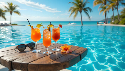 A luxurious poolside in summer, with crystal-clear water under the sun. A stylish wooden table holds colorful cocktails with fresh garnishes, sunglasses, and a tropical flower leisure and indulgence
