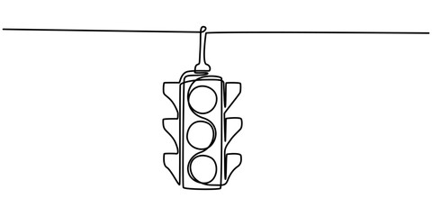 Light traffic one line continuous. Light traffic line art. Hand drawn vector art, Continuous one line drawing of traffic lights with poles to regulate vehicle travel at road intersections.