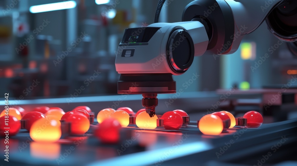 Poster modern robotic arm performing quality control on glowing red spheres moving along an automated assem