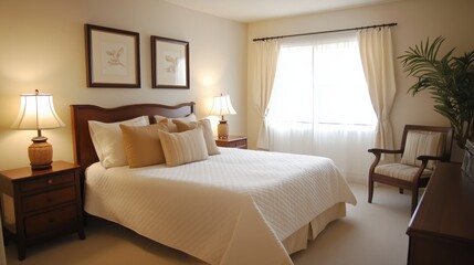 A Bedroom showcases a large bed dressed in a crisp white comforter and soft beige pillows, flanked by wooden nightstands with elegant lamps.