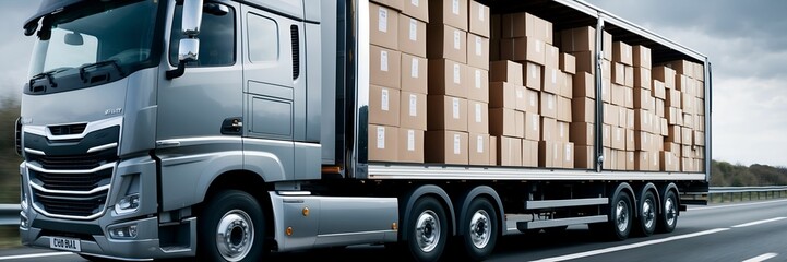 Parcel Cardboard Boxes inside Lorry Delivery Truck Cargo Shipping Transport Vehicle Logistics Courier Freight Industry Business Banner